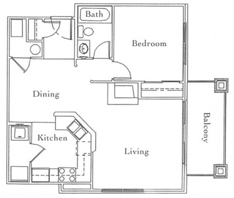 Floor plan for 1 bed, 1 bath, 690 sqft